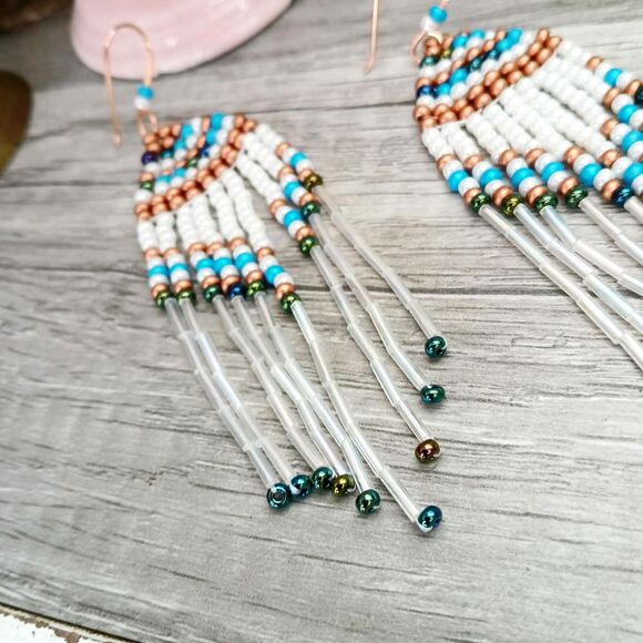 Boho Chic Seed Bead Dangle Earrings, Copper Jewelry, Statement Artisan 4" - Picture 2 of 6